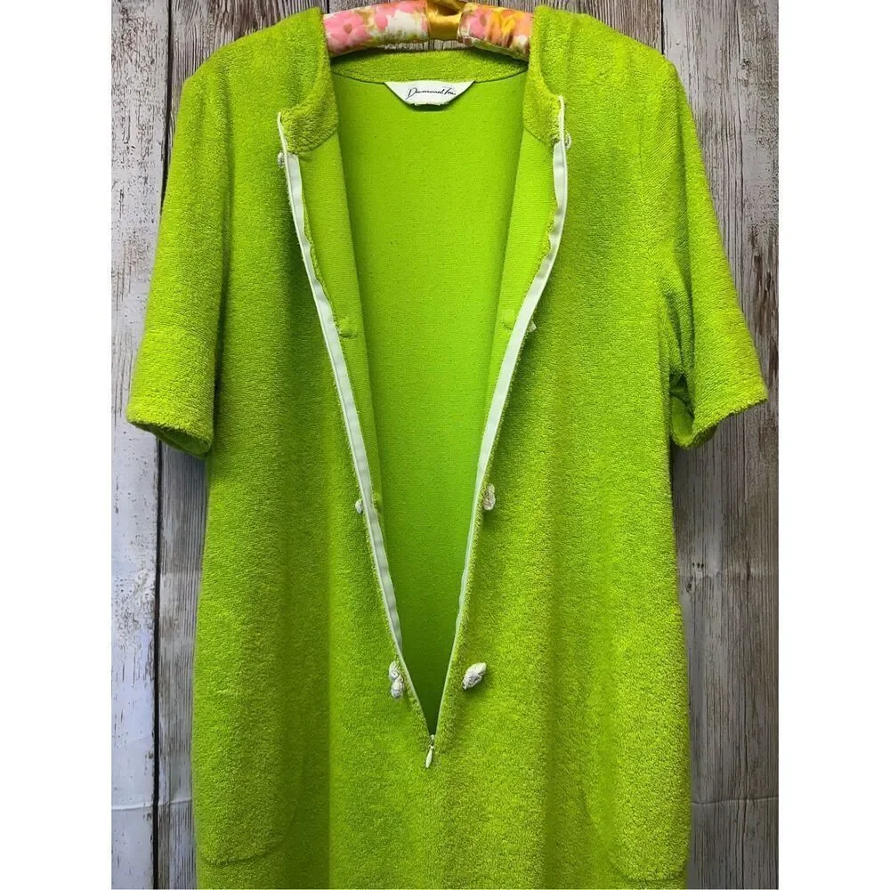 Rare Vintage 60s Mid Century Lime Green Glam Terry Bath House Robe | Large